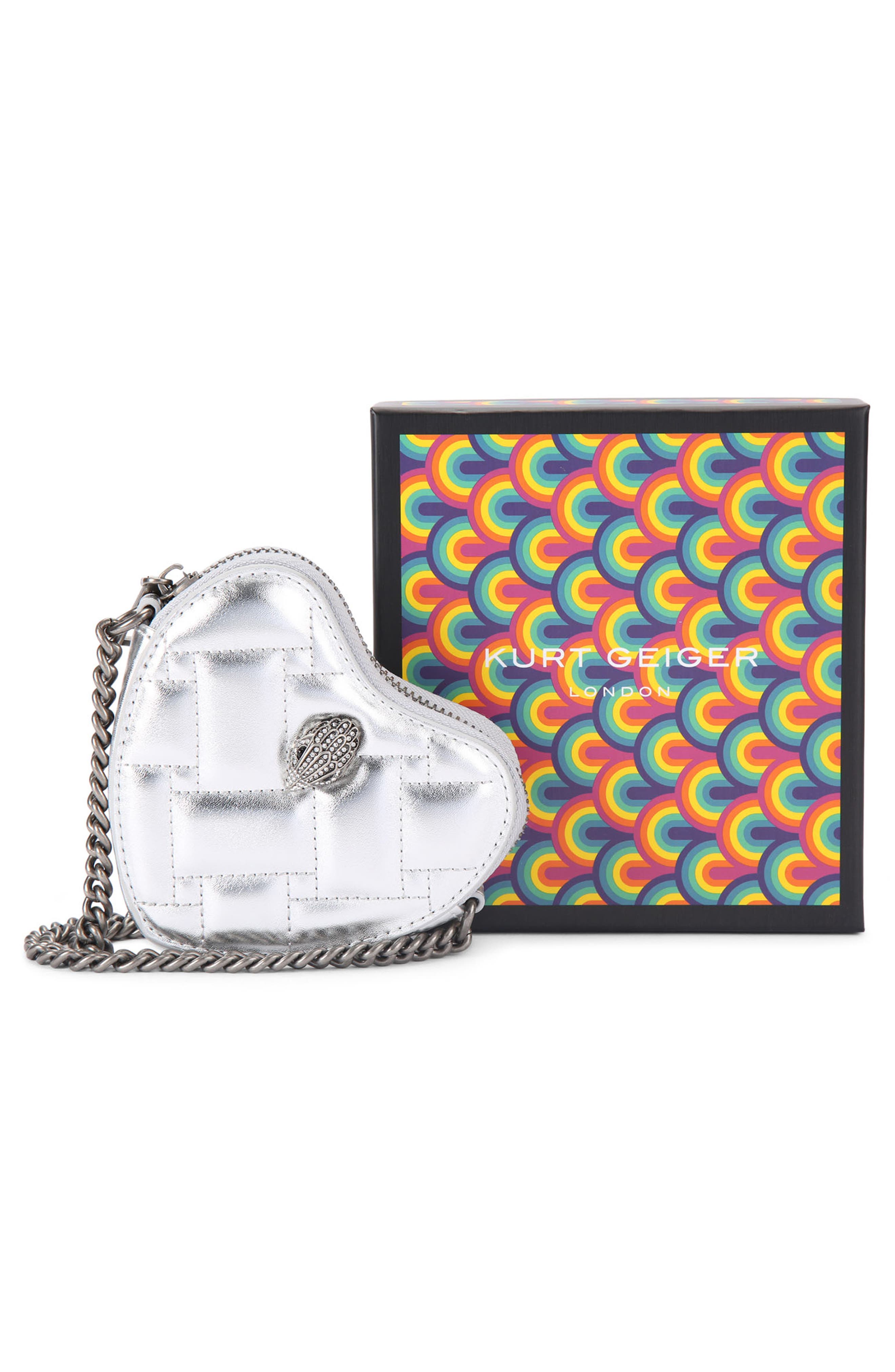 Kurt Geiger London Micro Heart Leather Crossbody Bag, Alternate, color, Silver