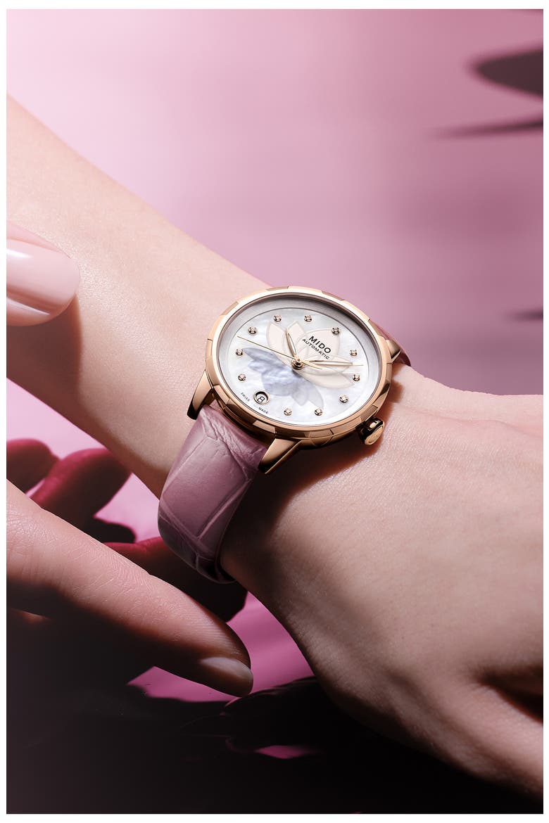 Rainflower Diamond Night Mode Automatic Leather Strap Watch, 34mm, Alternate, color, WHITE MOTHER OF PEARL