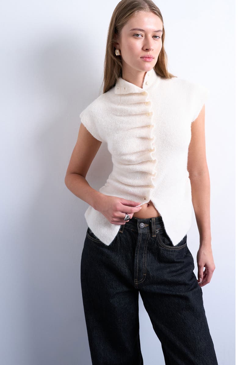 Topshop Ruffle Button Front Knit Top, Main, color, White
