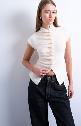 Ruffle Button Front Knit Top
