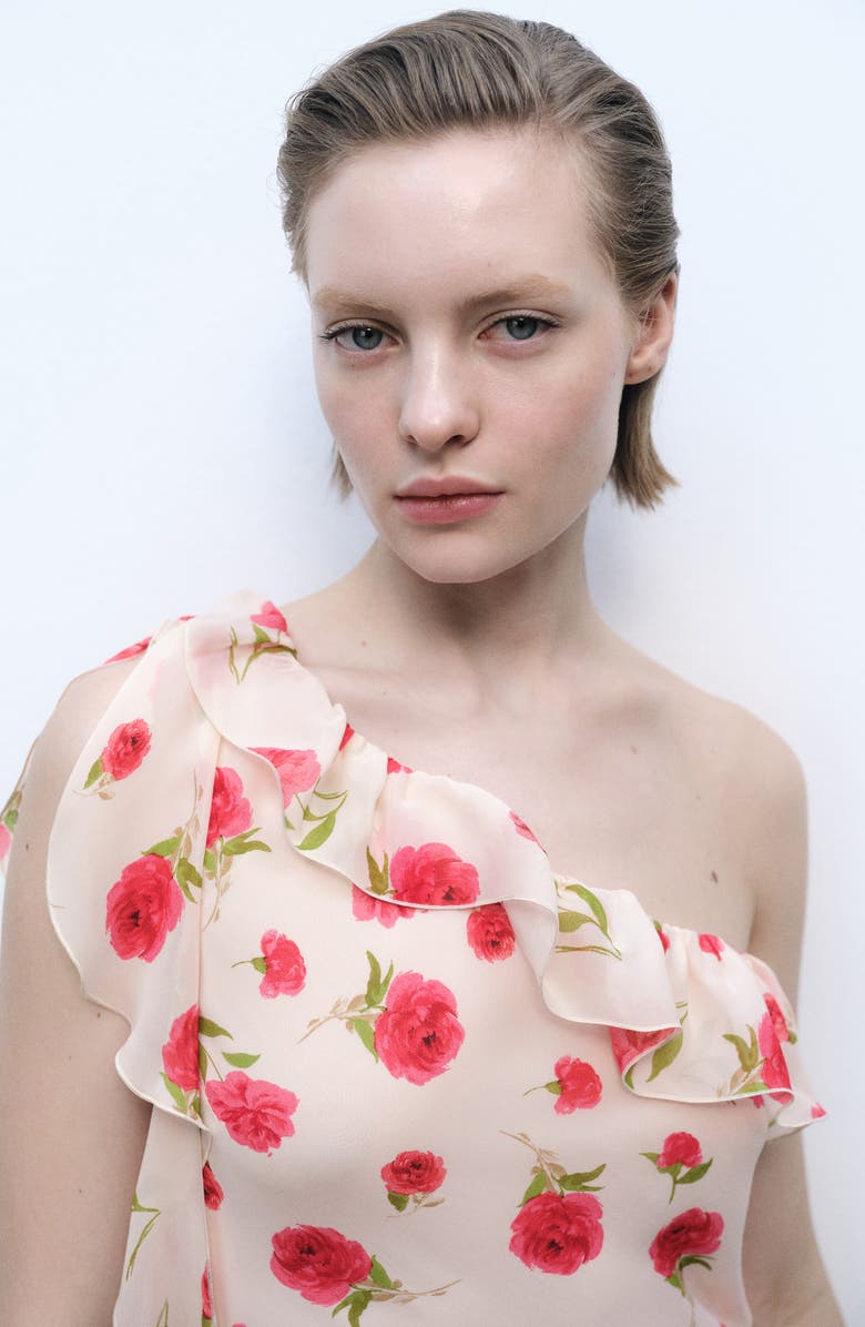 MANGO Rose Ruffle One-Shoulder Maxi Dress, Alternate, color, Ecru