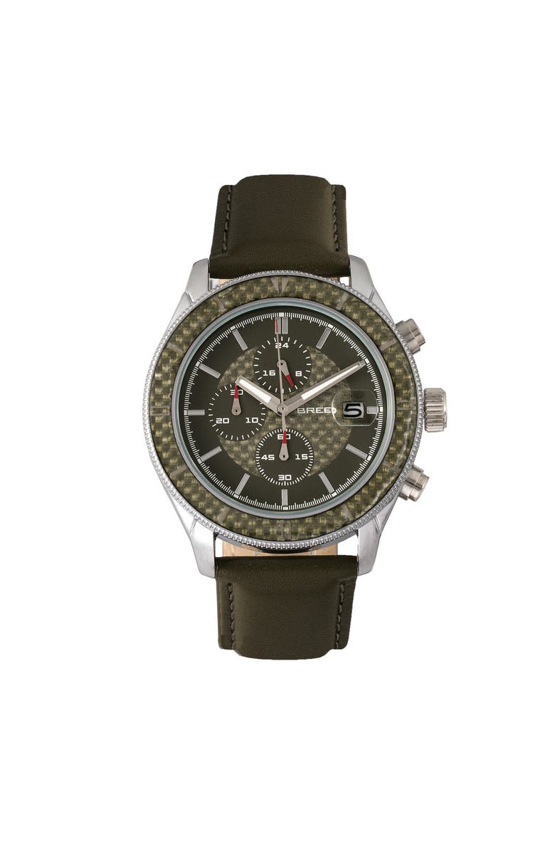 BREED Maverick Chronograph Leather-Band Watch w/Date, Main, color, Silver/Olive