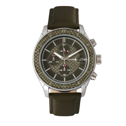 BREED Maverick Chronograph Leather-Band Watch w/Date in Silver/olive at Nordstrom