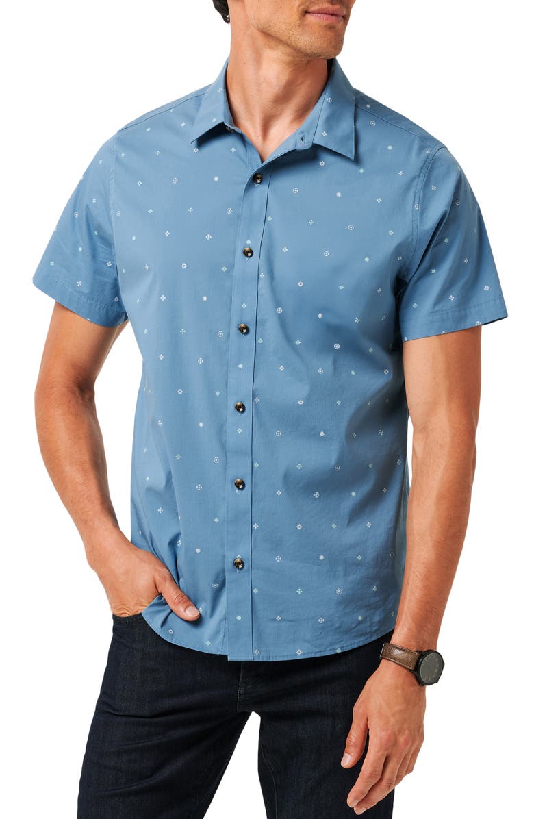 TravisMathew Per Aspera Mixed Medallion Short Sleeve Stretch Button-Up Shirt, Main, color, Captains Blue