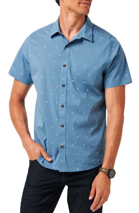 Per Aspera Mixed Medallion Short Sleeve Stretch Button-Up Shirt