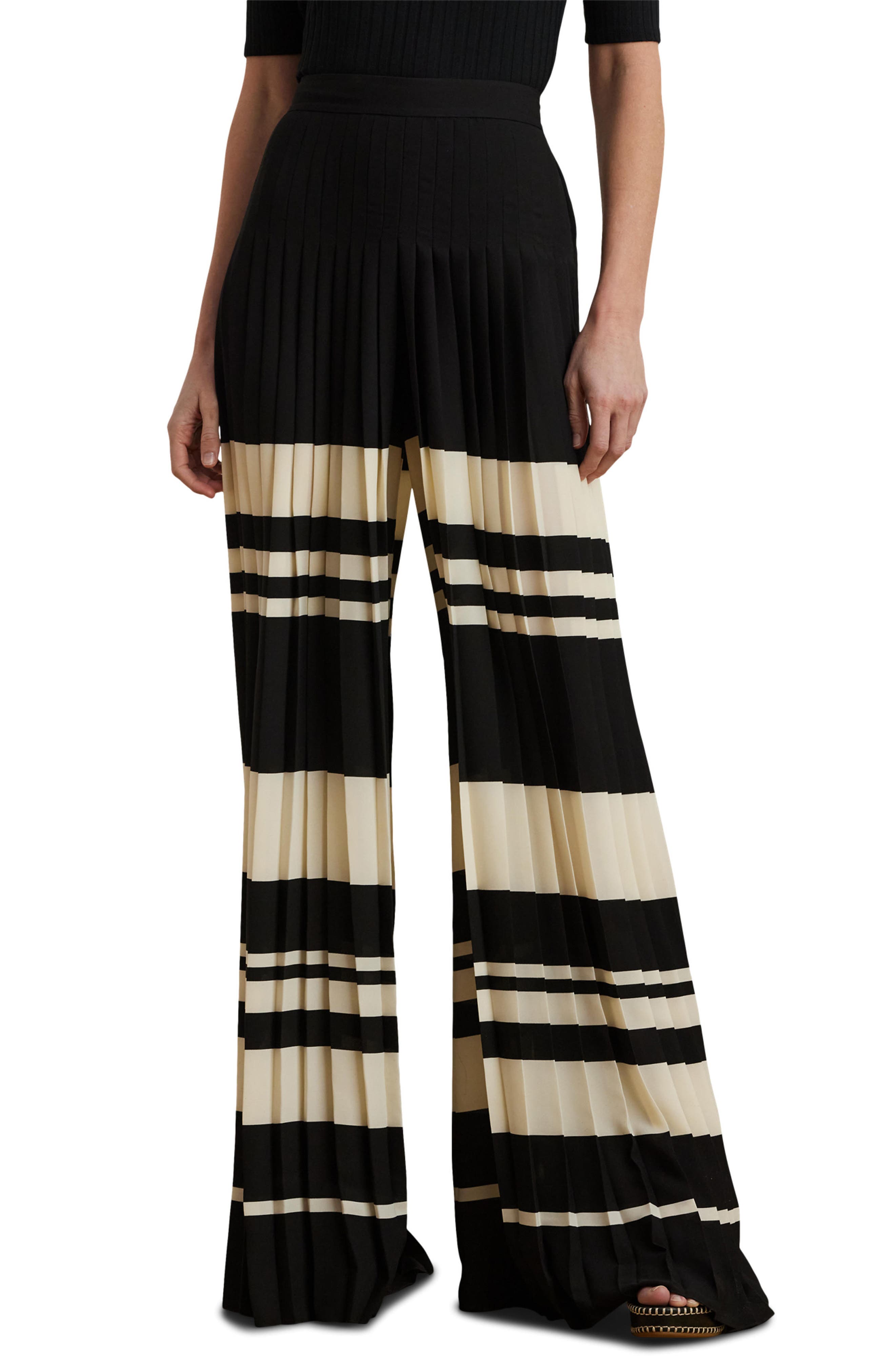 Pleated Stripe Georgette Wide Leg Pants
