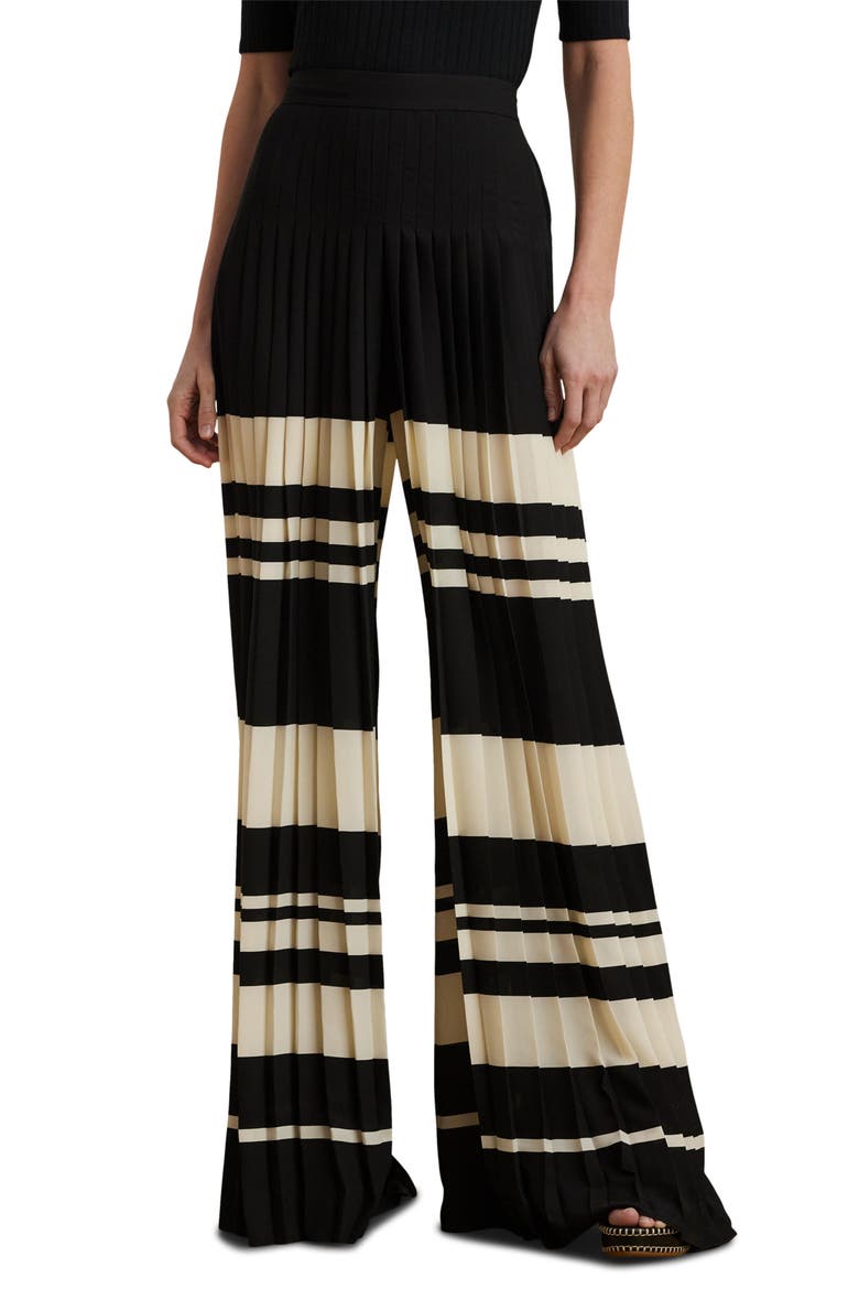 Pleated Stripe Georgette Wide Leg Pants, Main, color, CREAM/BLACK