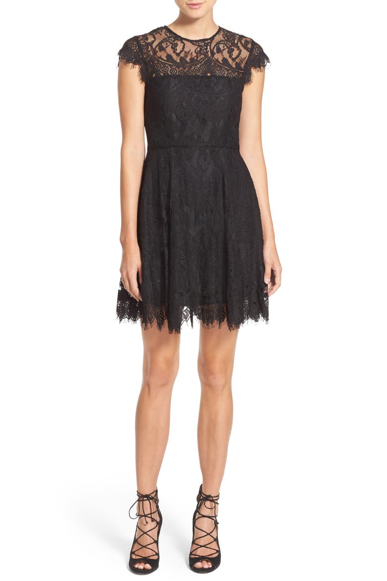 BB Dakota Rhianna Open Back Lace Fit & Flare Cocktail Dress (Nordstrom Exclusive), Main, color, BLACK
