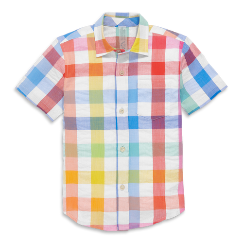 Primary Short Sleeve Button Down In Rainbow Gingham In White Rainbow Check