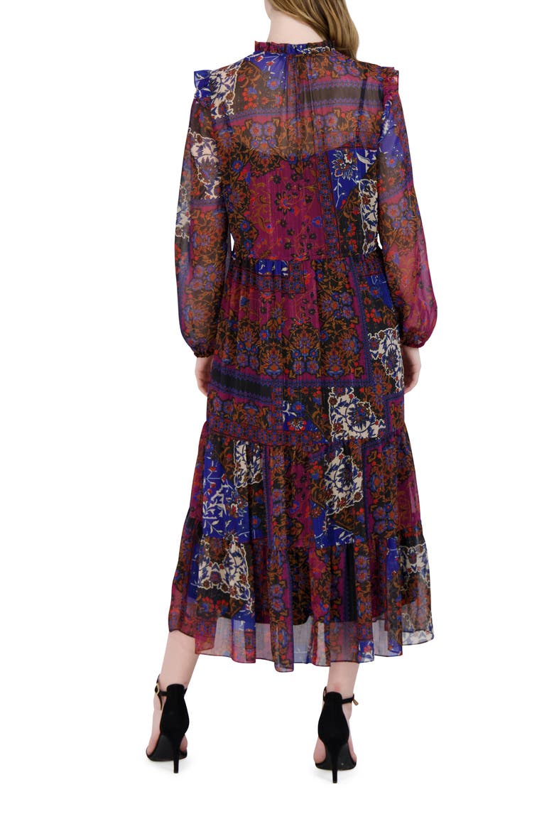 Floral Print Long Sleeve Drawstring Waist Midi Dress, Alternate, color, BLACK MULTI