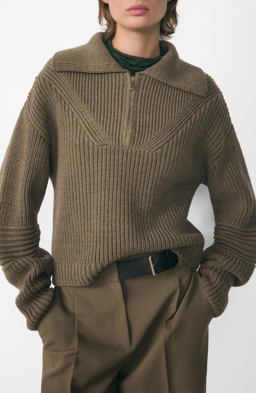 Shop Mango Demy Collar Half Zip Rib Sweater In Khaki Green