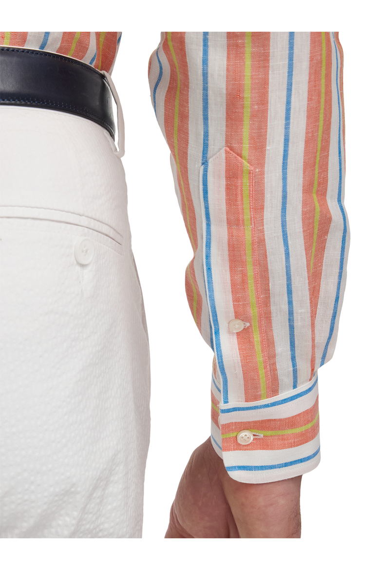 Linen Buttondown Collar Poplin Tailored Contrast Trim Button Cuff Long Sleeve, Alternate, color, White Multi