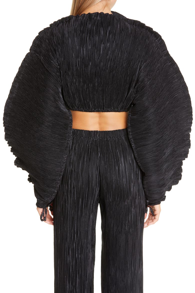 Mala Plissé Pleat Ruched Ruffle Sleeve Top, Alternate, color, BLACK