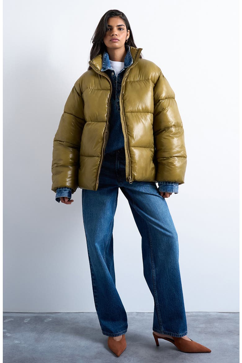 High Shine Puffer Coat, Alternate, color, KHAKI