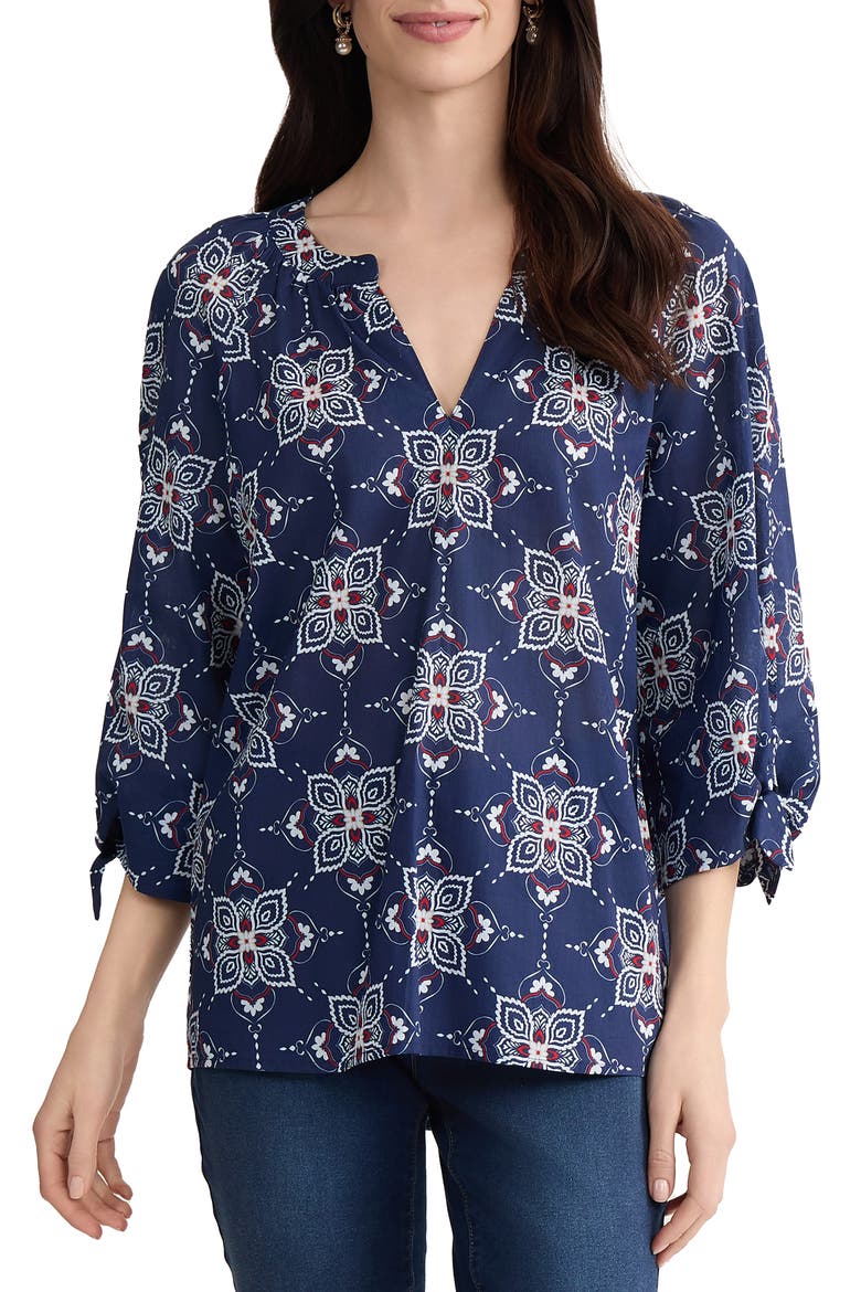 Printed Tie Cuff Raglan Sleeve Cotton Top, Main, color, PACIFIC NAVY MULTI