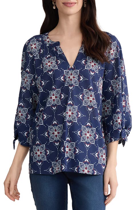 Printed Tie Cuff Raglan Sleeve Cotton Top