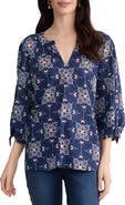 Jones New York Printed Tie Cuff Raglan Sleeve Cotton Top