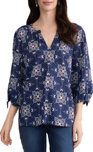 Jones New York Printed Tie Cuff Raglan Sleeve Cotton Top