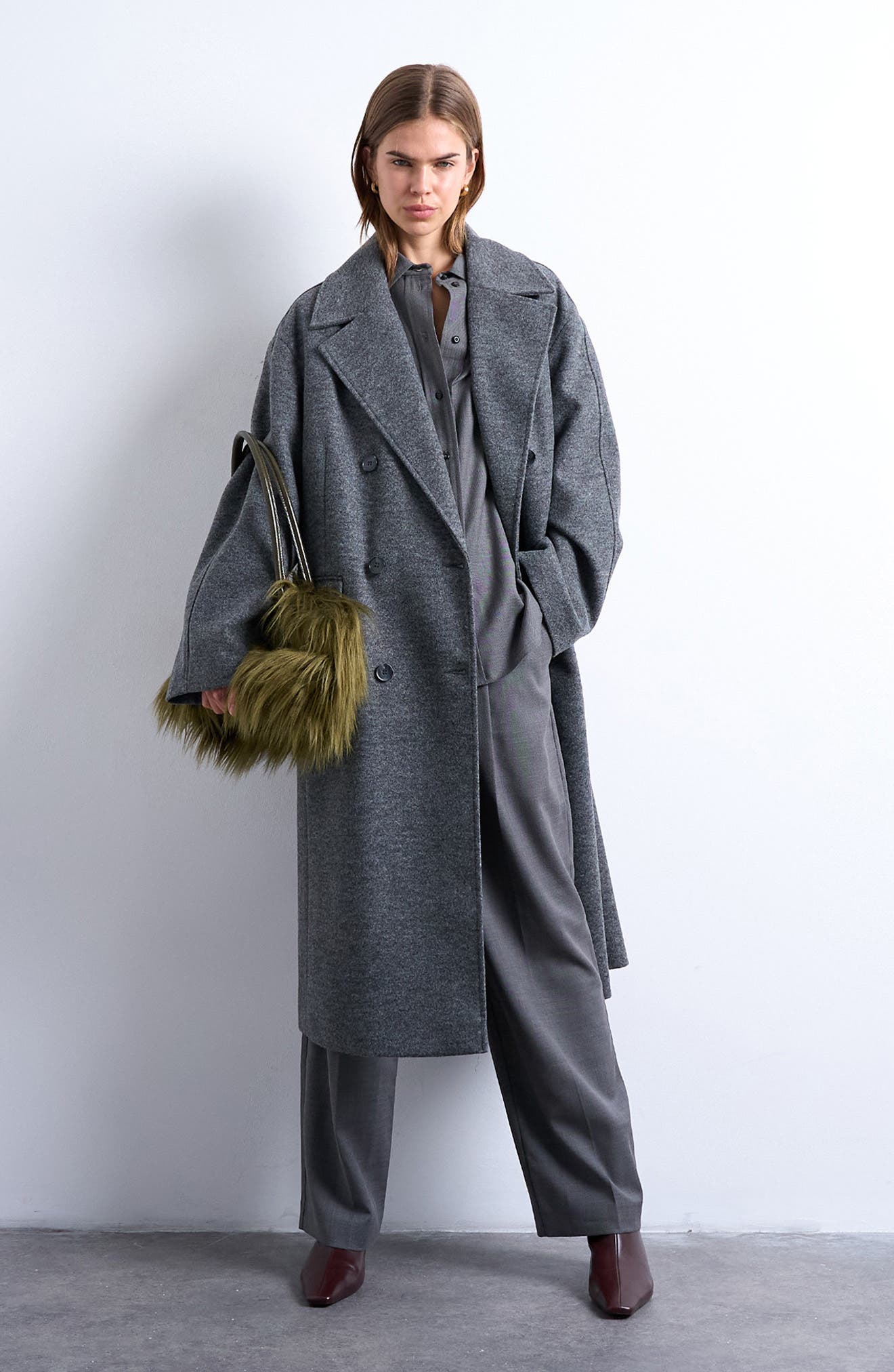 Topshop Double Breasted Long Coat In Gray