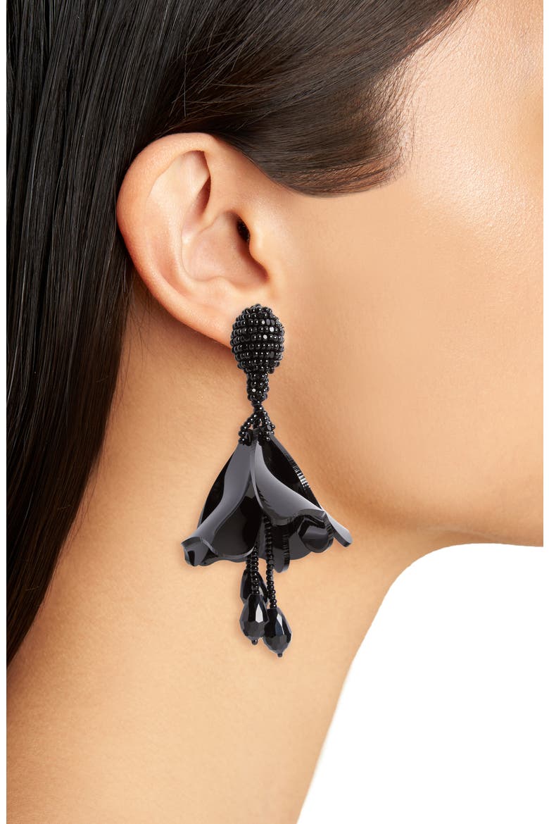 Small Impatiens Flower Drop Clip-On Earrings, Alternate, color, BLACK