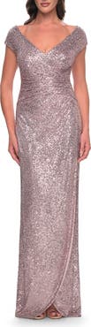 La Femme Sequin Evening Dress with Ruching and V Neckline