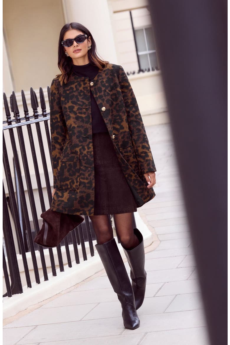 Collarless Leopard Swing Coat, Alternate, color, BROWN MULTI