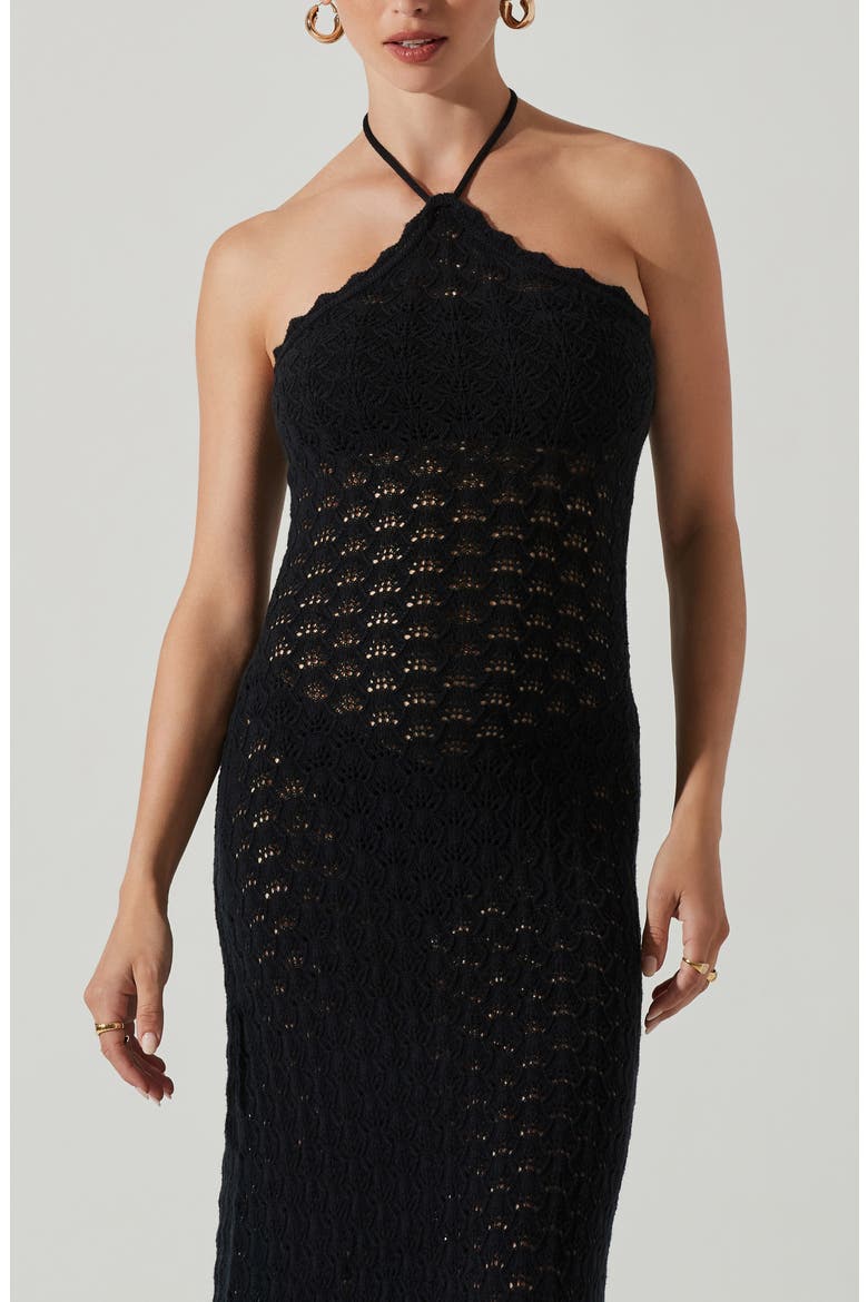 Shira Pointelle Stitch Halter Maxi Dress, Alternate, color, BLACK