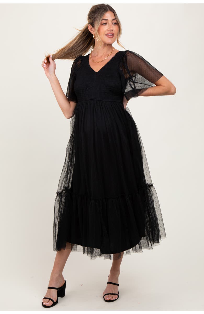 PinkBlush Dotted Tulle Smocked Maternity Midi Dress, Main, color, Black