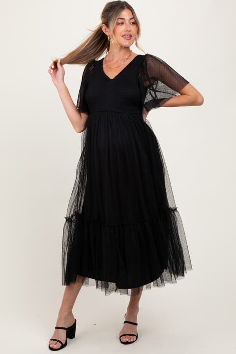 Dotted Tulle Smocked Maternity Midi Dress