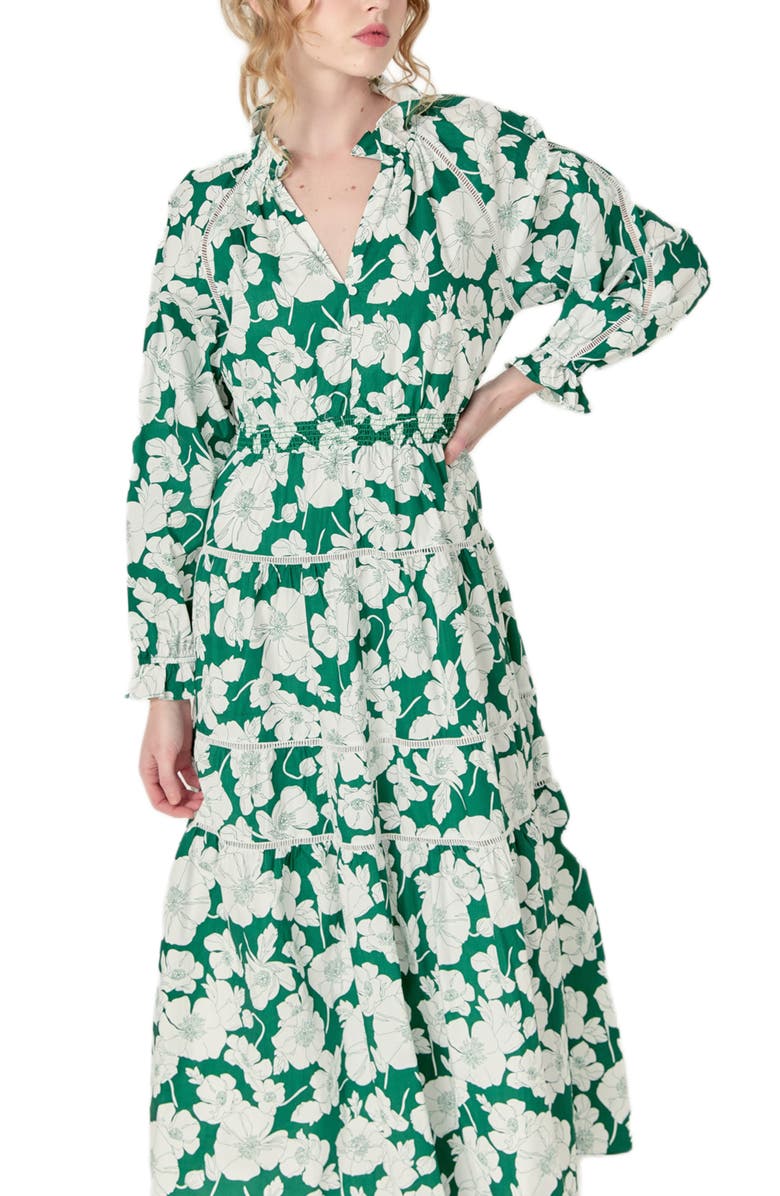 English Factory Floral Long Sleeve Cotton Tiered Maxi Dress, Alternate, color, Green