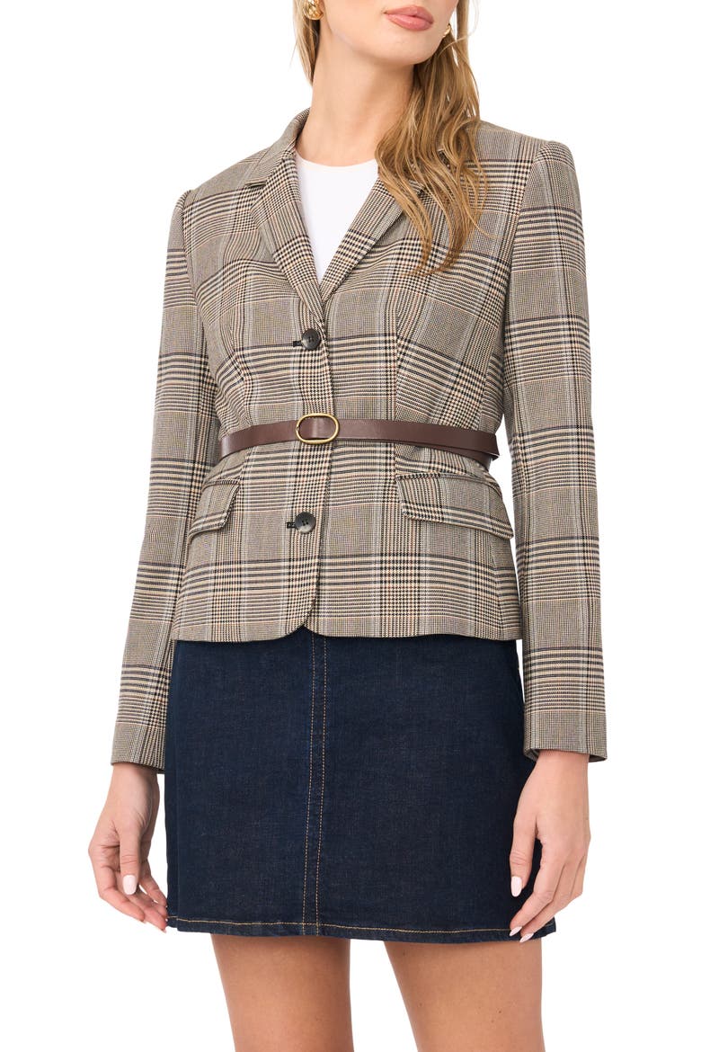 Belted Mixed Check Blazer, Main, color, RICH BLACK/ BEIGE