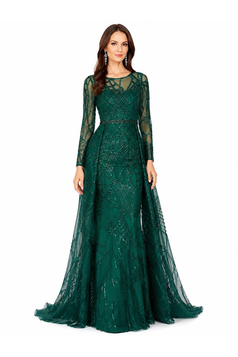 Beaded Faux-Wrap V-Neck Bridal Gown, Main, color, Green