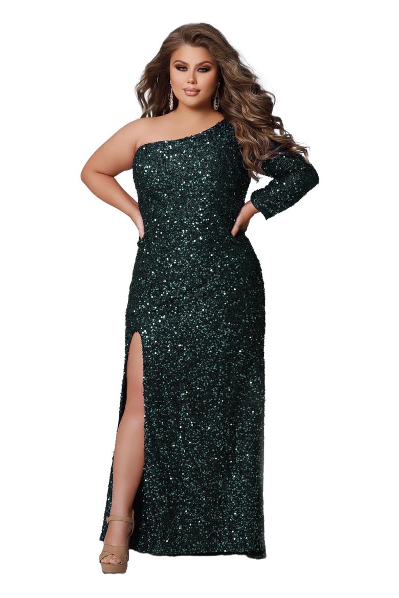 One-Shoulder Long Sleeve Sequin Plus Size Gown, Main, color, Hunter
