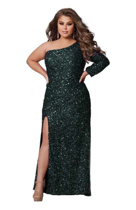 One-Shoulder Long Sleeve Sequin Plus Size Gown