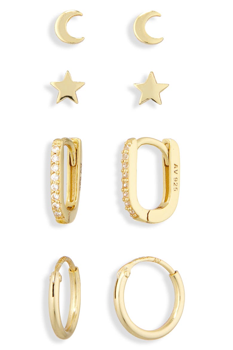 Pack of Four Celestial Assorted Stud & Hoop Earrings, Alternate, color, GOLD
