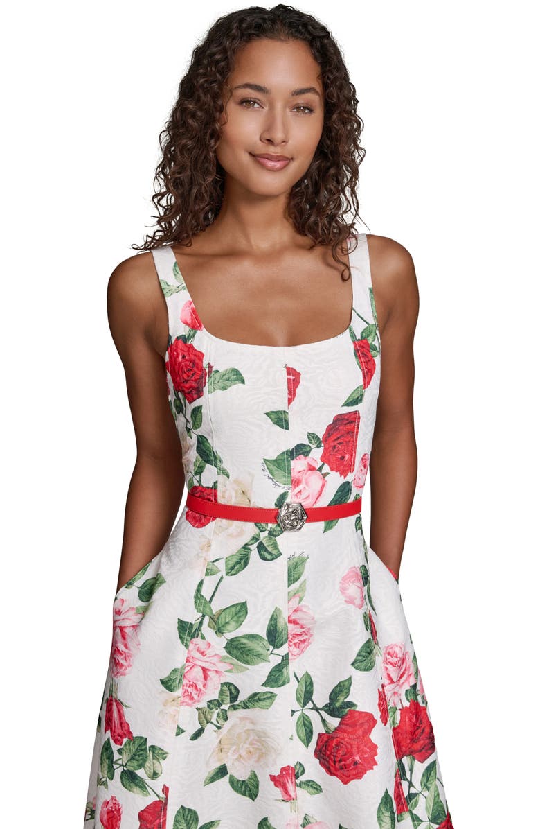 KARL LAGERFELD PARIS Rose Brocade Belted Dress, Alternate, color, 