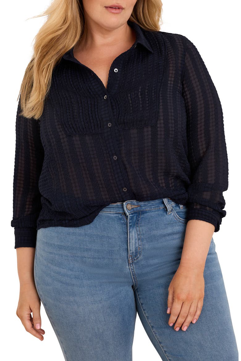 Chiffon Jacquard Tuxedo Shirt, Main, color, DARK INDIGO