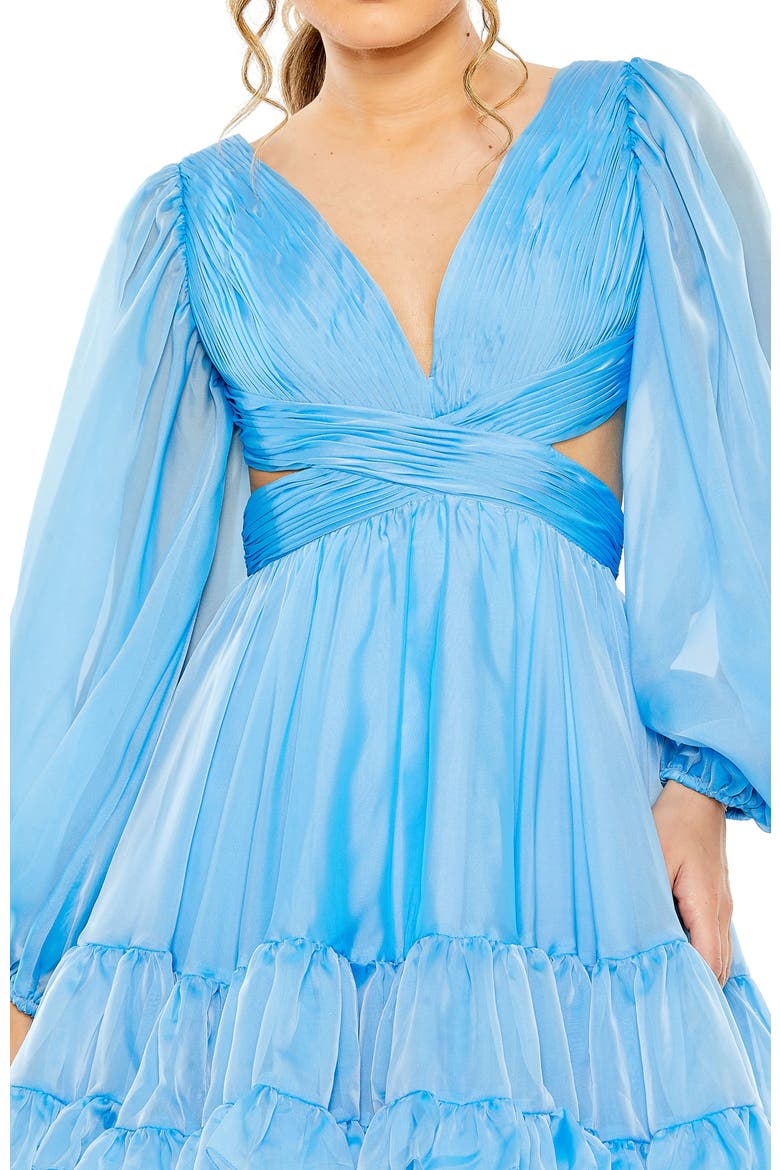 Flirty Chiffon Mini Dress with Puff Sleeves, Tiered Skirt & Daring Lace-Up Back, Alternate, color, Blue