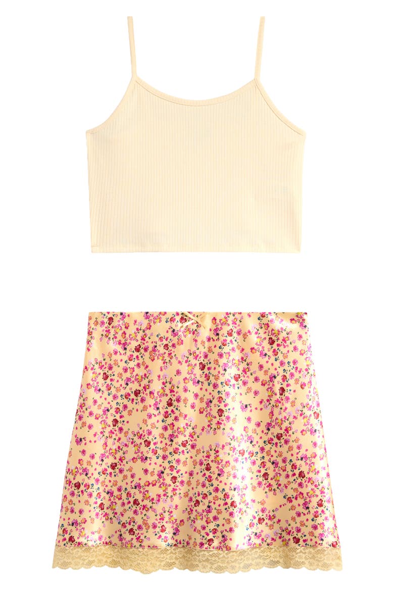 Kids' Camisole, Tie Front Satin Camp Shirt & Skirt Set, Alternate, color, PALE YELLOW DITSY FLORAL