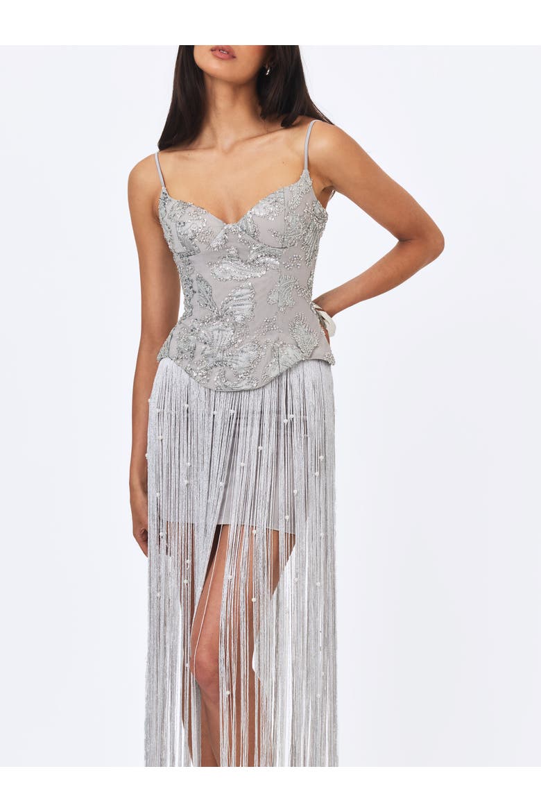 Olisa Beaded Peplum Tassel Maxi Dress, Alternate, color, Silver