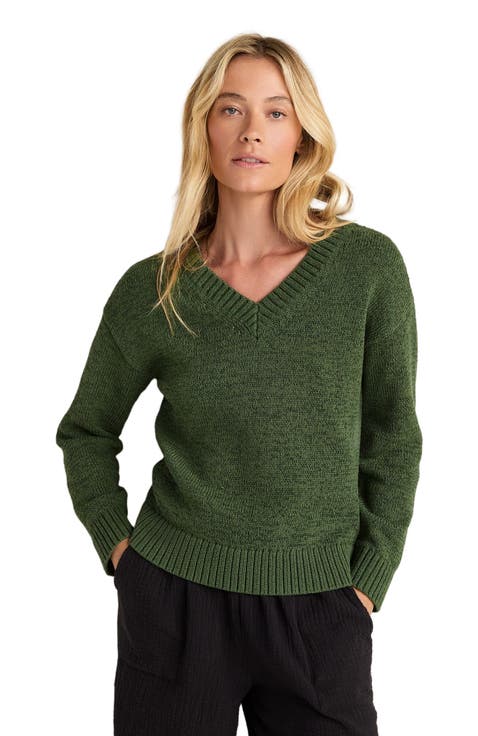 Cotton Blend Tape Yarn V-Neck Sweater