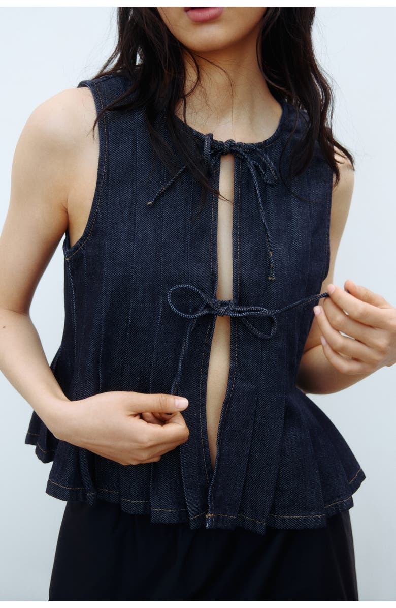 H&M Tie-detail Denim Waistcoat, Alternate, color, Dark Denim Blue