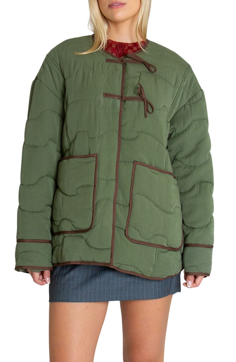 Find Me Now Water Repellent Contrast Trim Quilted Coat, Main, color, Boxwood
