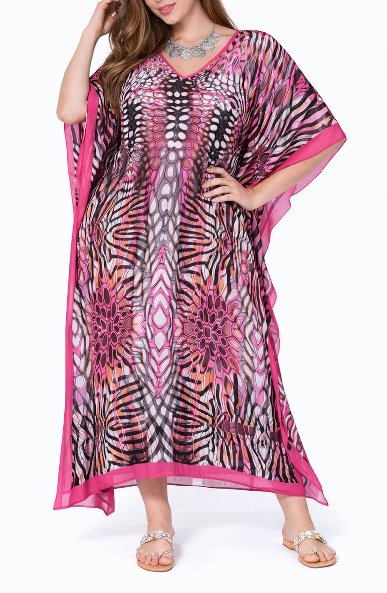 RANEES Print V-Neck Maxi Caftan, Main, color, 
