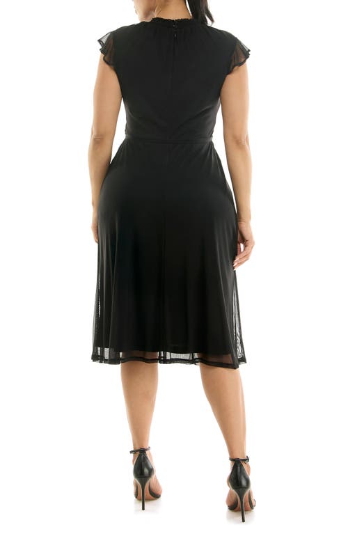 Nina Leonard Smocked Flutter Sleeve Mesh Dress In Black