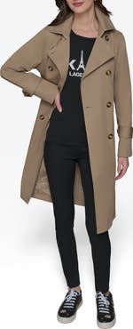 KARL LAGERFELD PARIS Water Resistant Embossed Logo Detail Cotton Blend Trench Coat