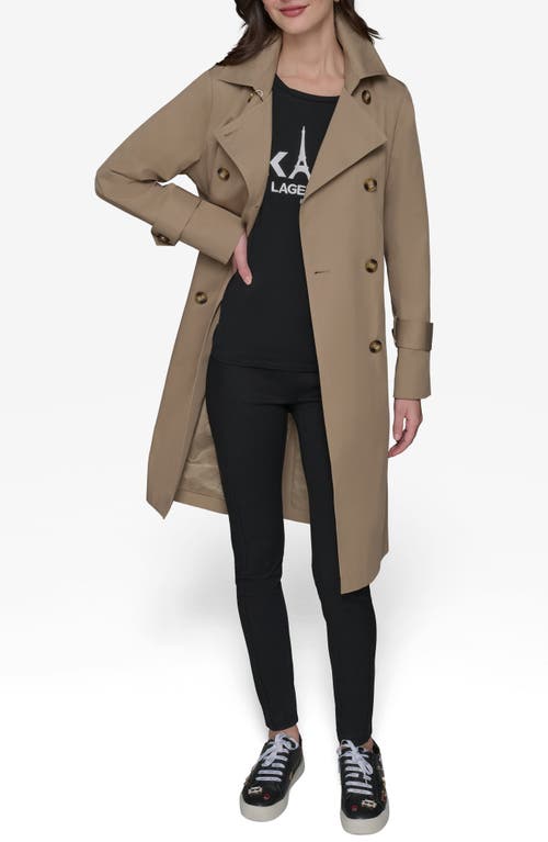 Karl Lagerfeld Paris Water Resistant Embossed Logo Detail Cotton Blend Trench Coat In Khaki