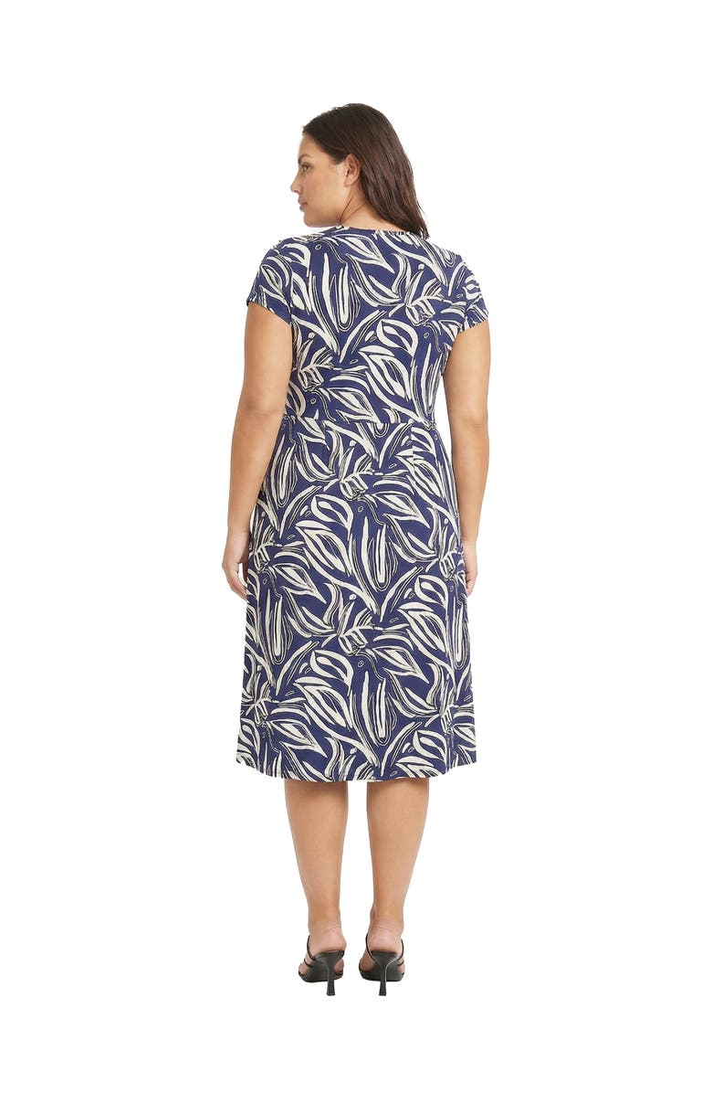 24seven Comfort Apparel Curvy Essential Abstract Print Short Sleeve Boat Neck Pleated Pocket Fit & Flare Midi Dress, Alternate, color, Navy Multi