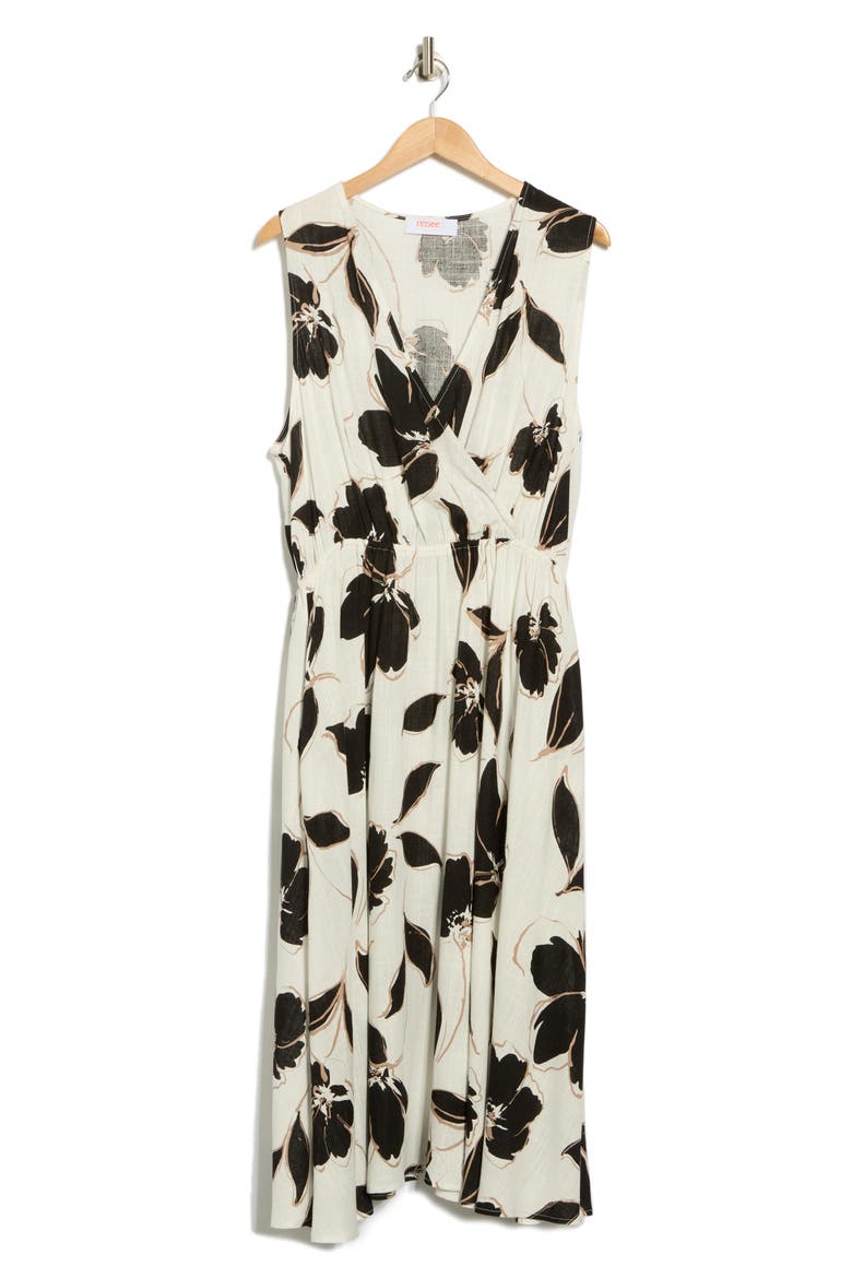 Floral Sleeveless Faux Wrap Midi Dress, Alternate, color, WHITE/ BLACK