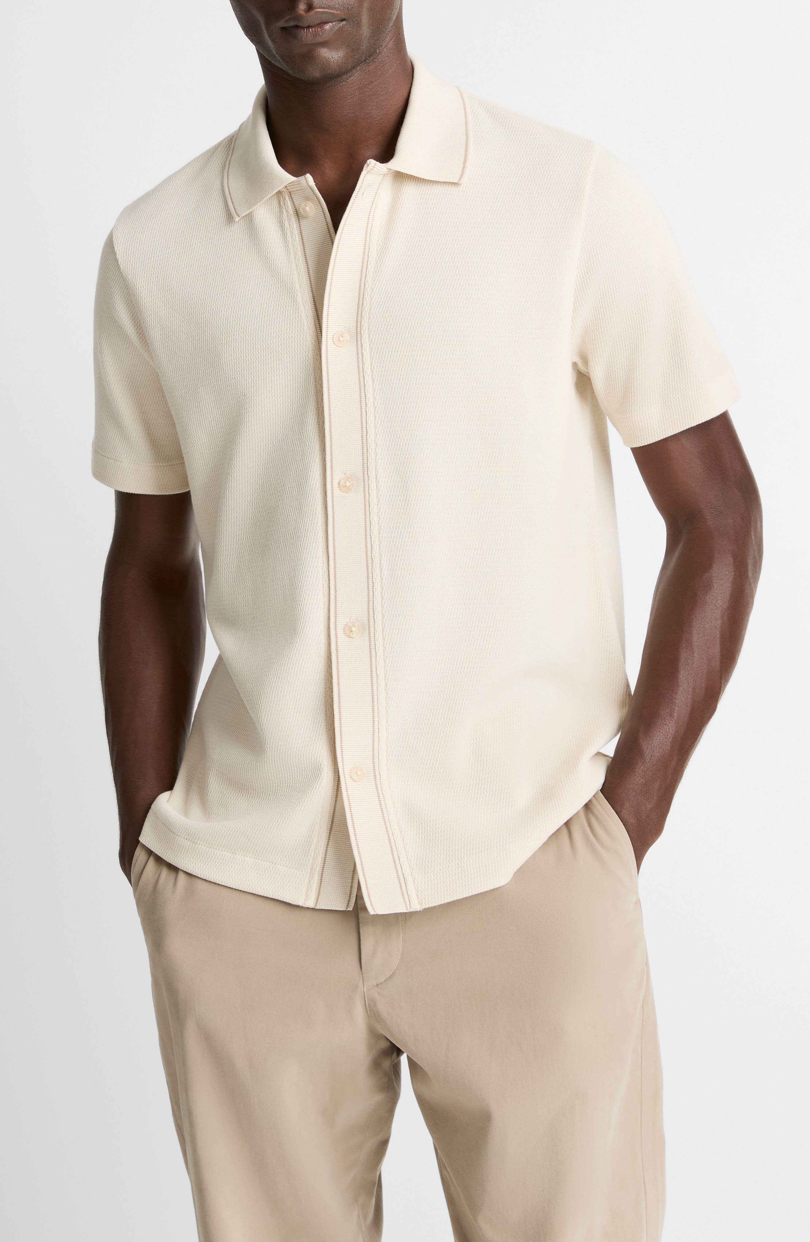 Short Sleeve Jacquard Cotton Knit Button-Up Shirt